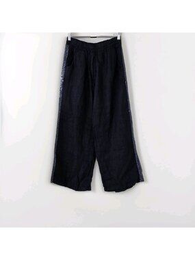 NT by Amati Pure Linen Pants Womens M / L Black Sequined Sides Pockets Lagenlook